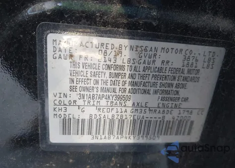 2019 Nissan Sentra S z USA, uszkodzony, nr VIN 3N1AB7AP4KY399509